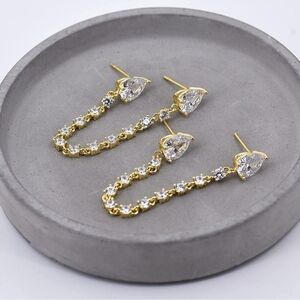 18K Gold Double Piercing Pear 2.0ct Diamond Loop Earrings Stud Chain Draped